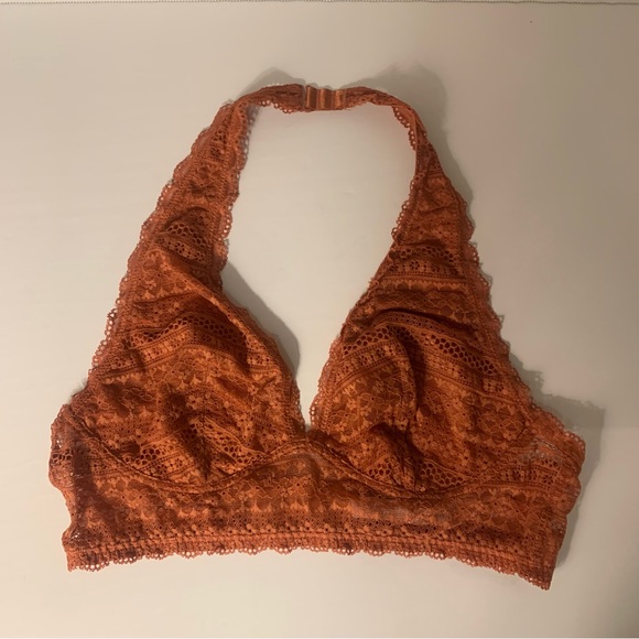 Burnt Orange Terra Cotta Victoria's Secret Lace Halter Lined Bralette Size Large - Picture 1 of 8